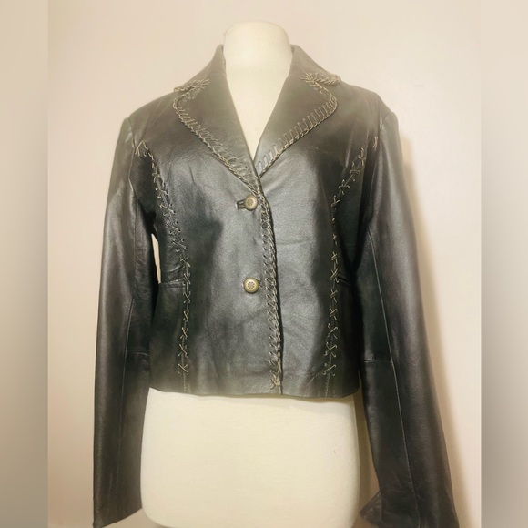 Leather Gallery     Leather Black Jacket   Braiding Throughout  Size Lg - Picture 1 of 7